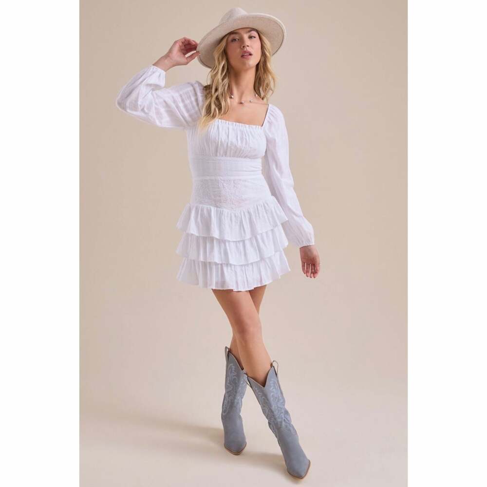 Altar'd State White Balloon Sleeves Naomi Embroidered Tiered Mini Dress XS